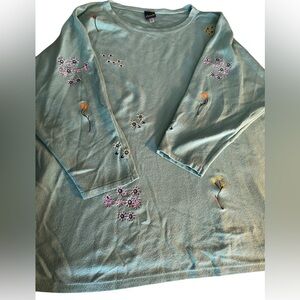 Aaeda sea foam green Dolman 3/4 Sleeve Lightweight Sweater Floral Embroidery 3X